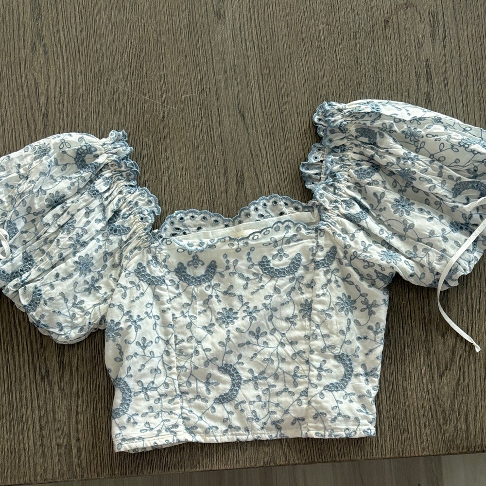 LoveShackFancy White and Blue Embroidered Top